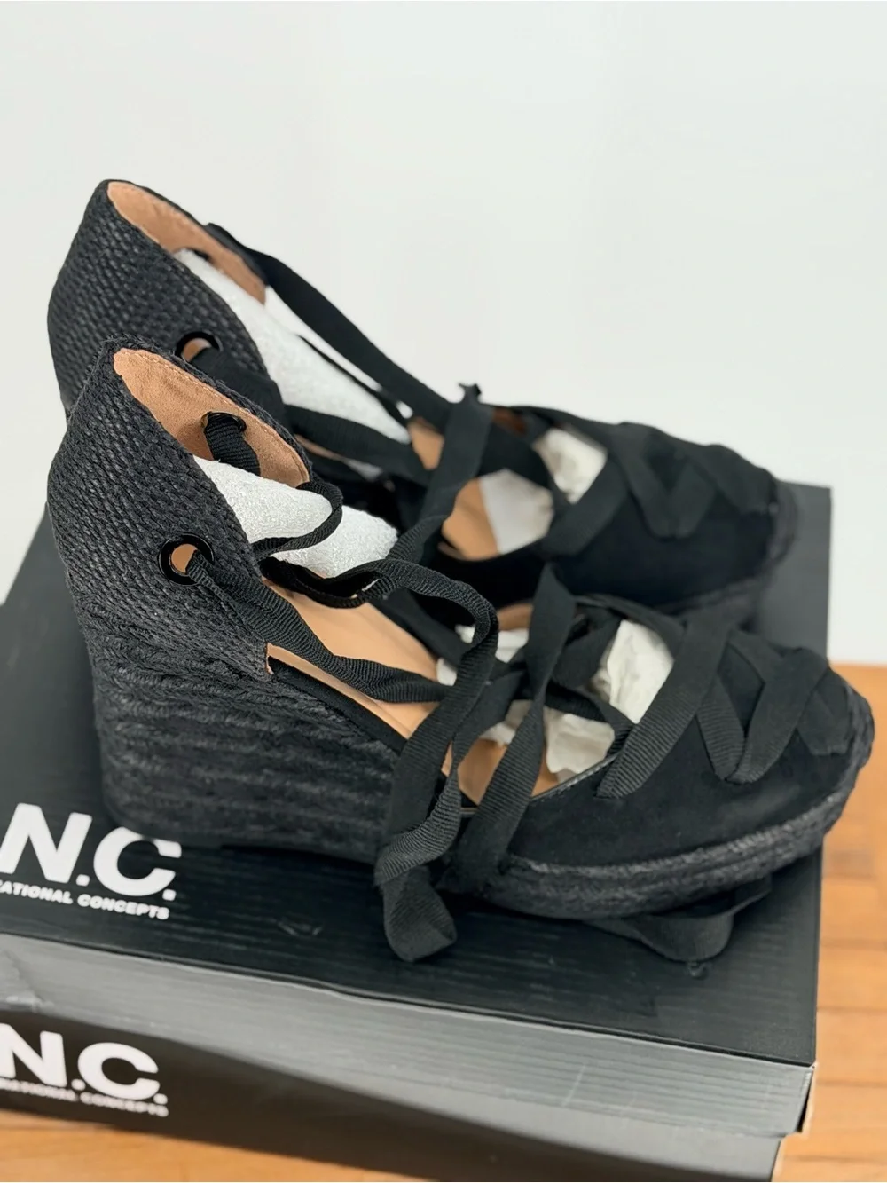 New Women’s INC International Concepts Black Lace-Up Espadrille Wedge Heels 8.5M